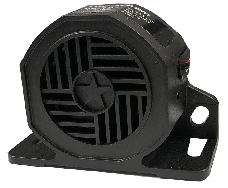 64-107 – STAR WARNING Backup Alarm, Single Tone 107 Decibels 12/ 24 Volt DC Black Glass Filled Nylon Housing IP67 Rat...